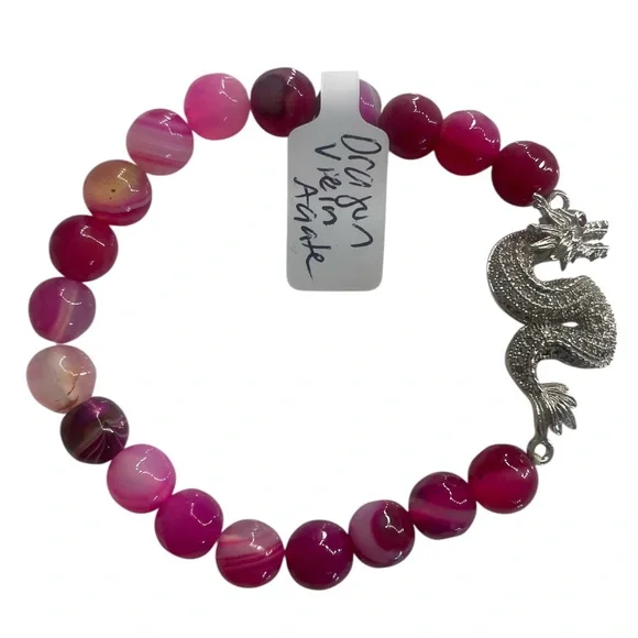Pink Dragon Vein Agate Gemstone Bracelet, featuring a stunning silver dragon - Picture 5 of 5